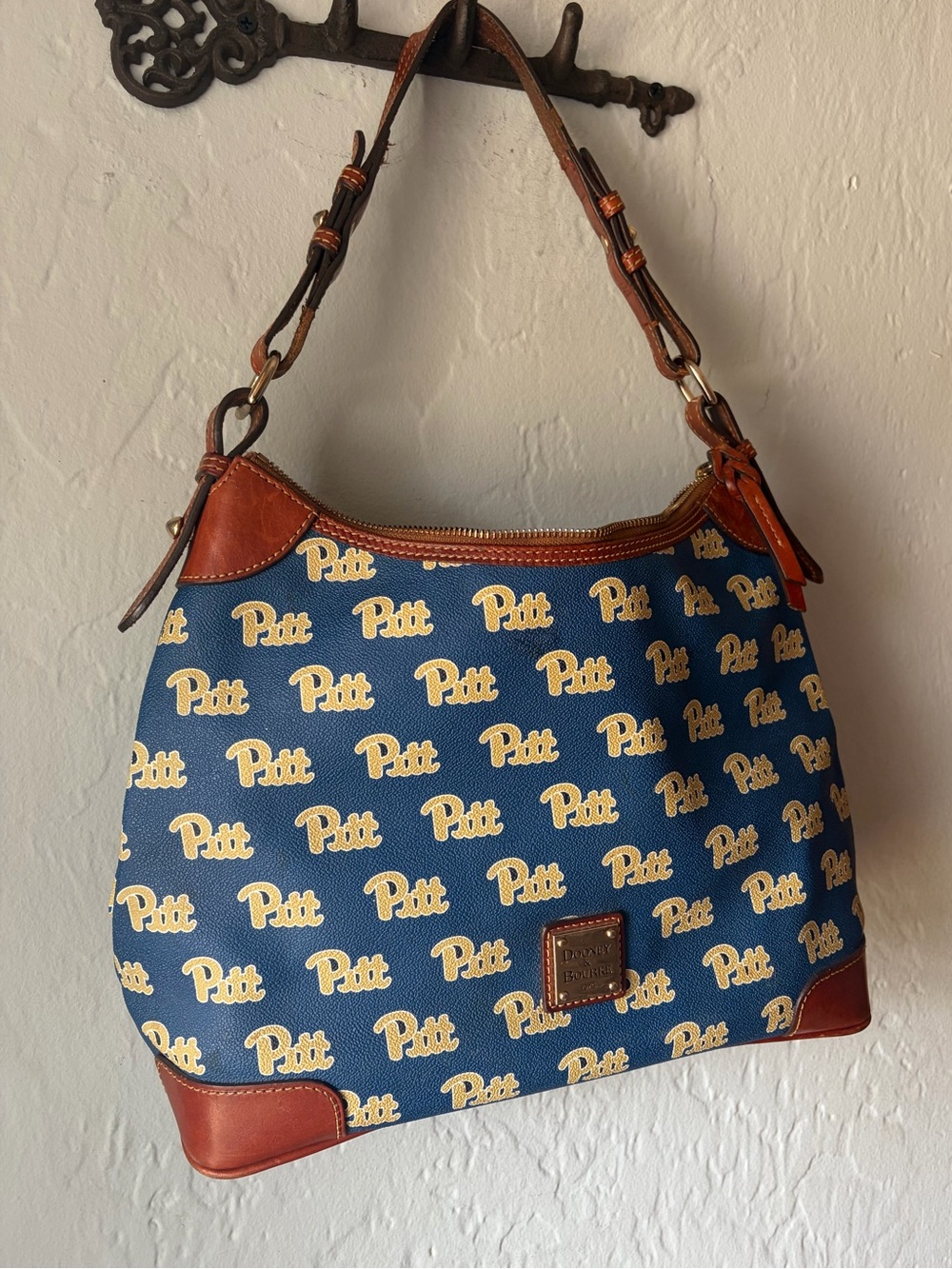 Dooney & Bourke Pitt Blue Canvas Hobo Bag with Brown Leather Trim